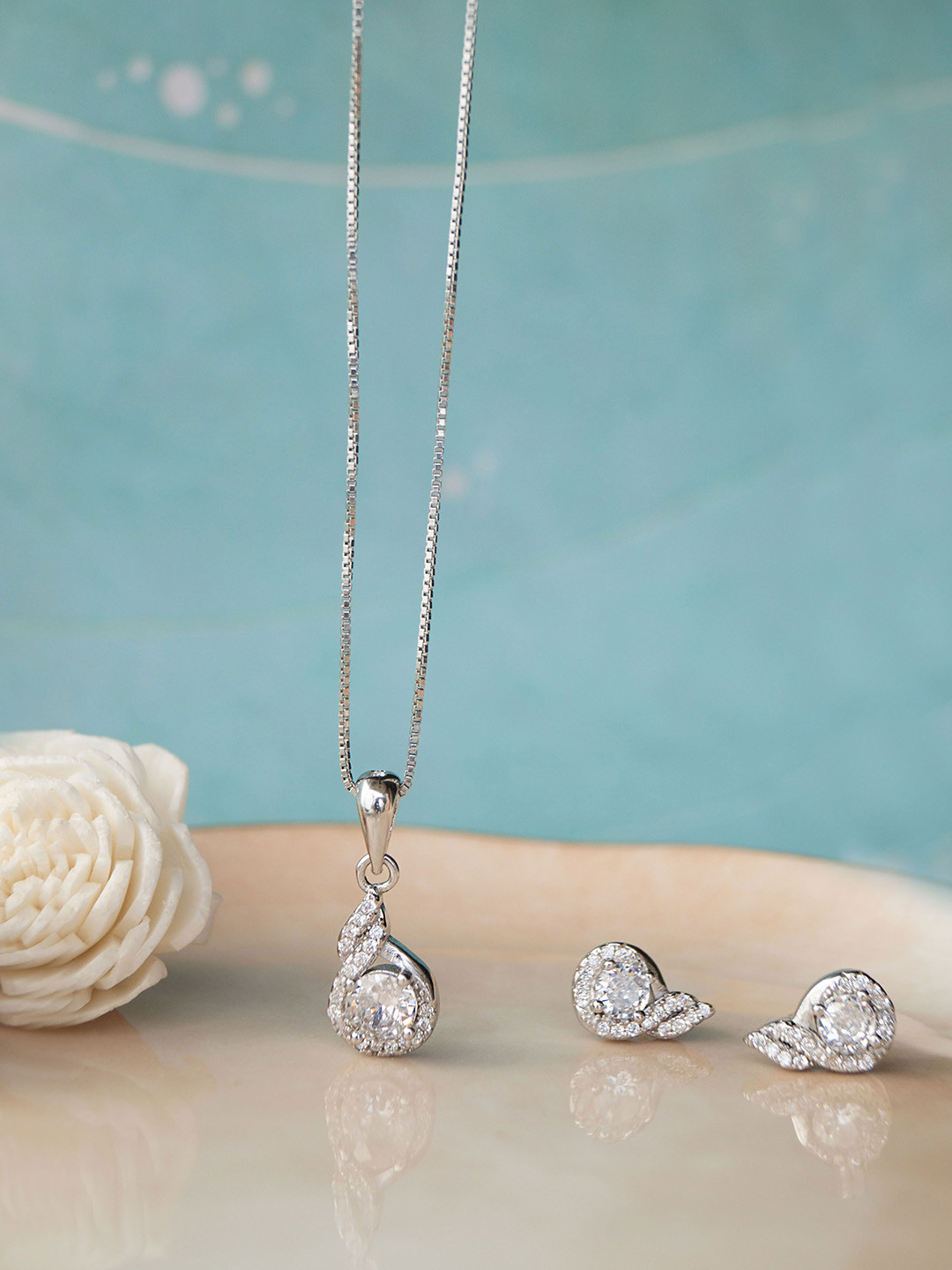 MANNASH Silver Rhodium Plated CZ Studded Sterling Silver Jewellery Set