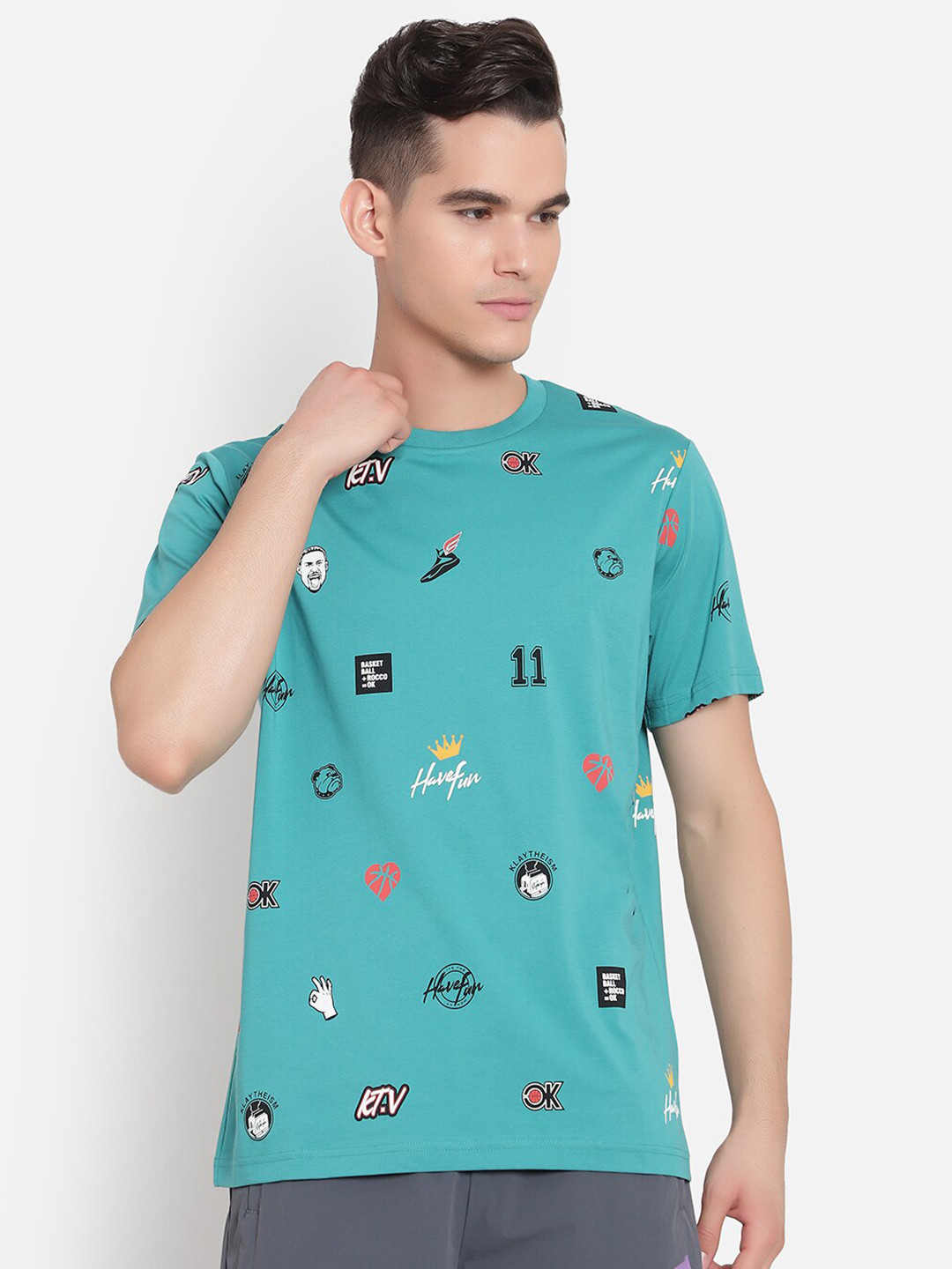 Anta Men Turquoise Blue Printed Cotton T-shirt