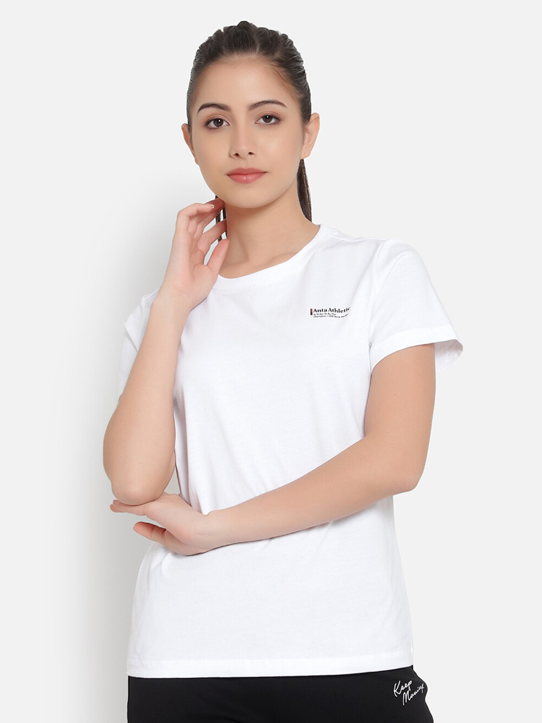 Anta Women White Typography Printed Cotton T-shirt