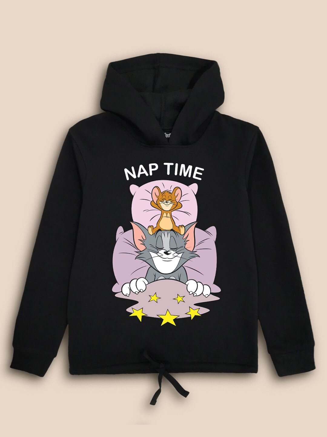 Kids Ville Girls Black Tom & Jerry Printed Cotton Hooded Sweatshirt