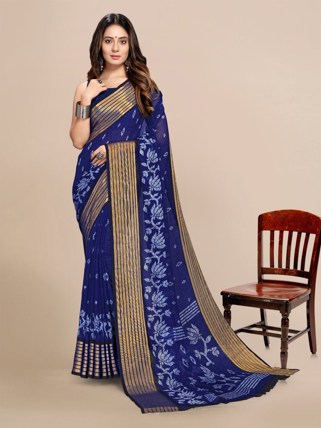 Mitera Navy Blue & Gold-Toned Batik Zari Pure Chiffon Banarasi Saree