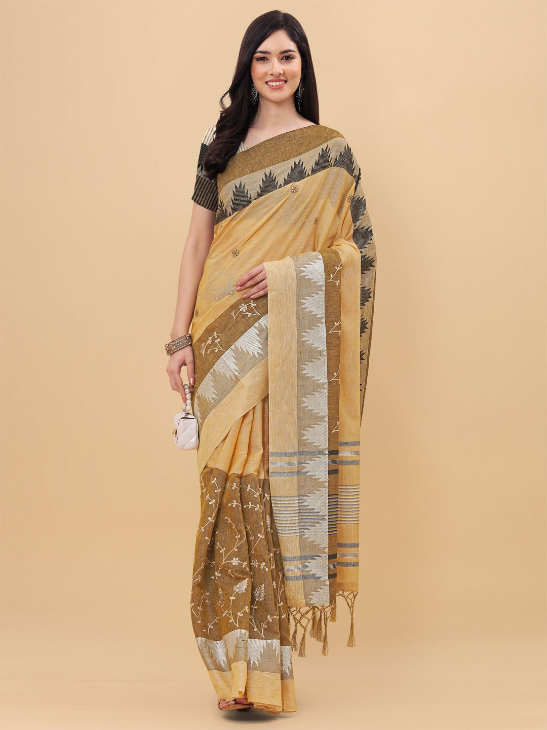 Mitera Mustard & Grey Floral Embroidered Pure Linen Banarasi Saree