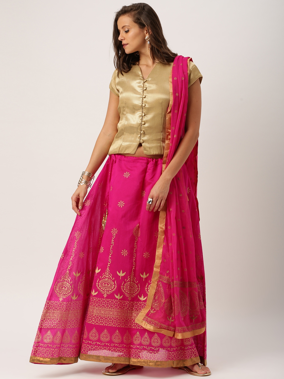 pink lehenga golden choli