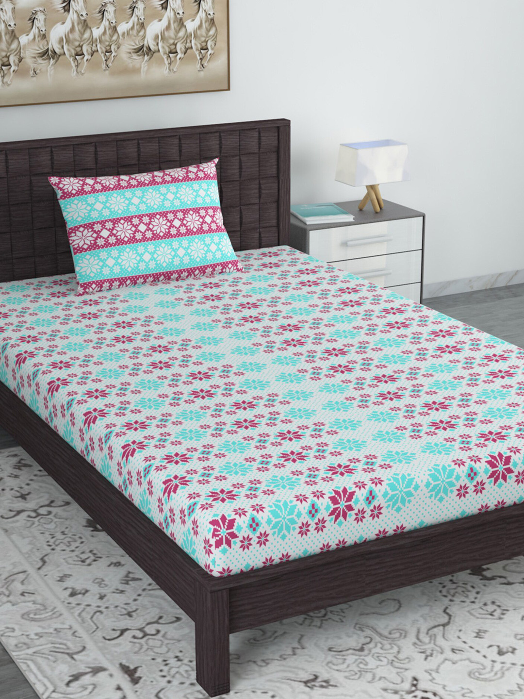 Divine Casa Turquoise Blue Floral Cotton 120 TC Single Bedsheet with a Pillow Cover-56 x 88 inches