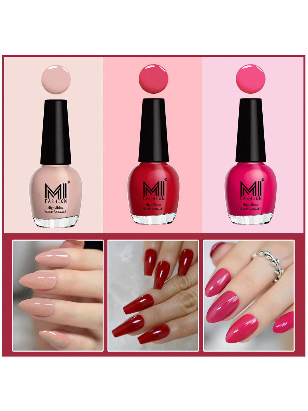 MI FASHION Set Of 3 Vernis A Ongles Ultra High Glass HD 3D Shine Nail Polish - Red, Spicy Nude, Moon Magenta