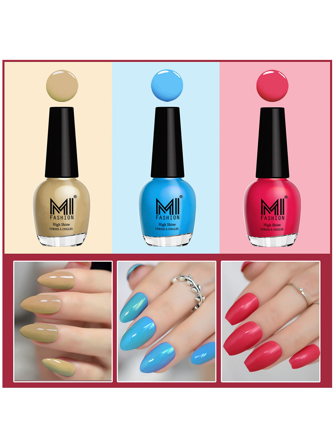 MI FASHION Set Of 3 Vernis A Ongles Ultra High Glass HD 3D Shine Nail Polish - Neon Pink, Nude, Ocean Blue