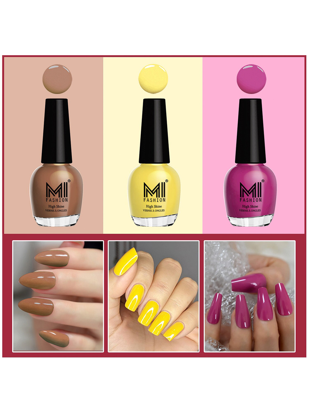 MI FASHION Set Of 3 Vernis A Ongles Ultra High Glass HD 3D Shine Nail Polish - Dark Nude, Yellow, Bright Plum