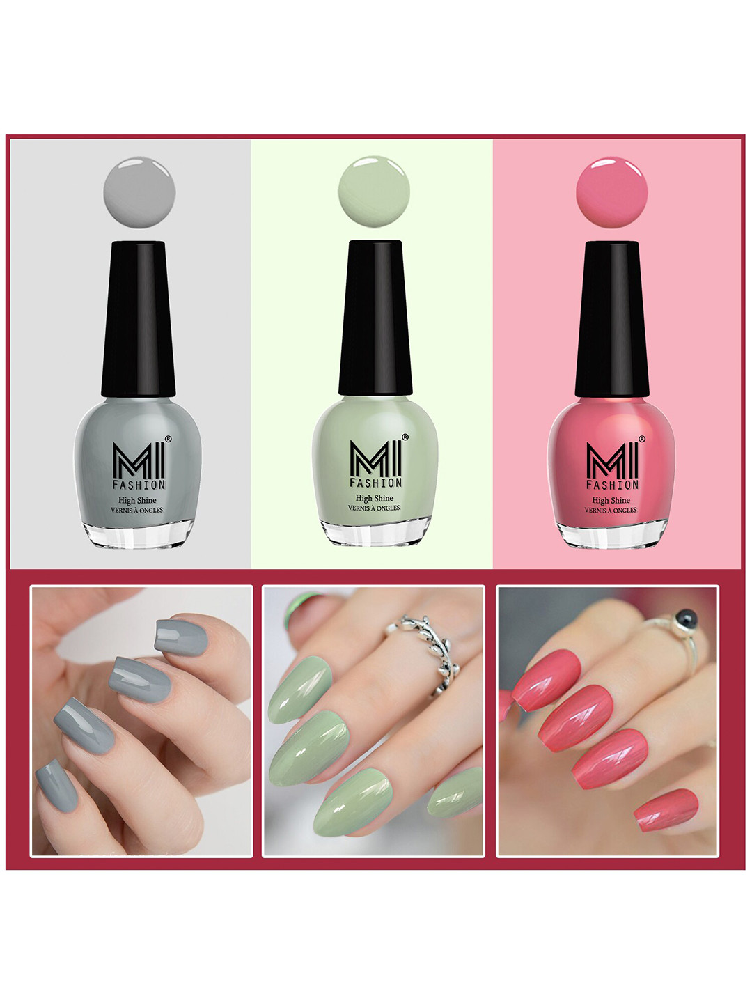 MI FASHION Set Of 3 Vernis A Ongles Ultra High Glass HD 3D Shine Nail Polish - Candy Cotton, Mischievous Mint, Grey