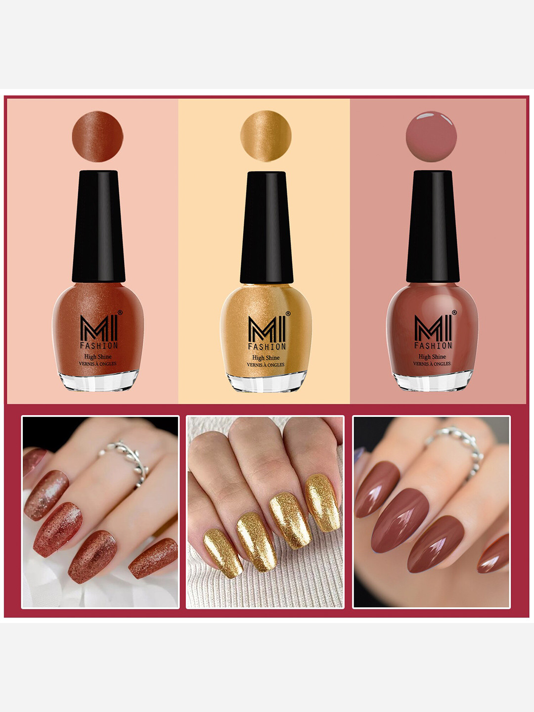 MI FASHION Set Of 3 Vernis A Ongles Ultra High Glass HD 3D Shine Nail Polish - Chocolate Brown, Gold Chrome, Red Gold