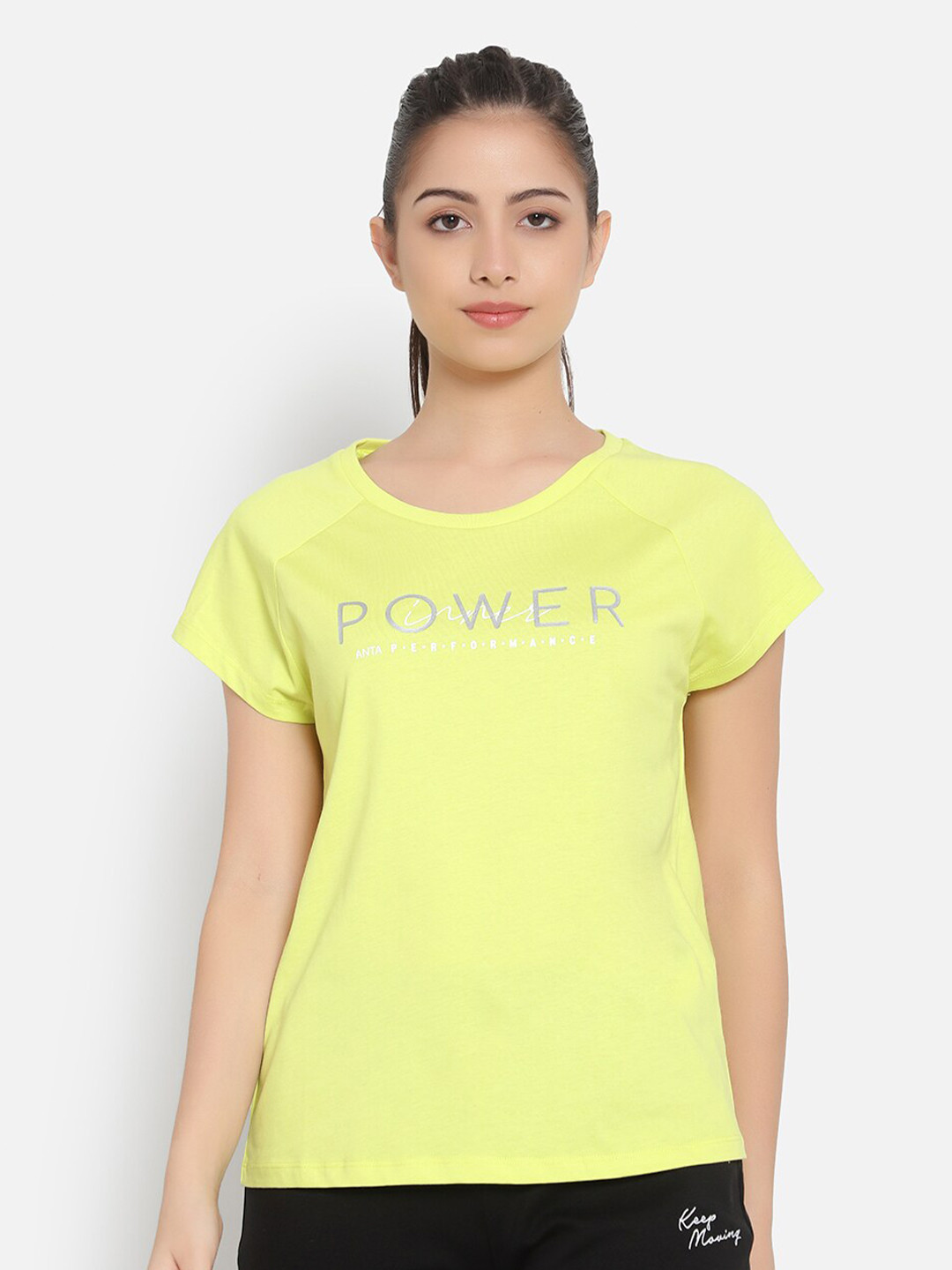 Anta Women Green Typography Printed Cotton T-shirt