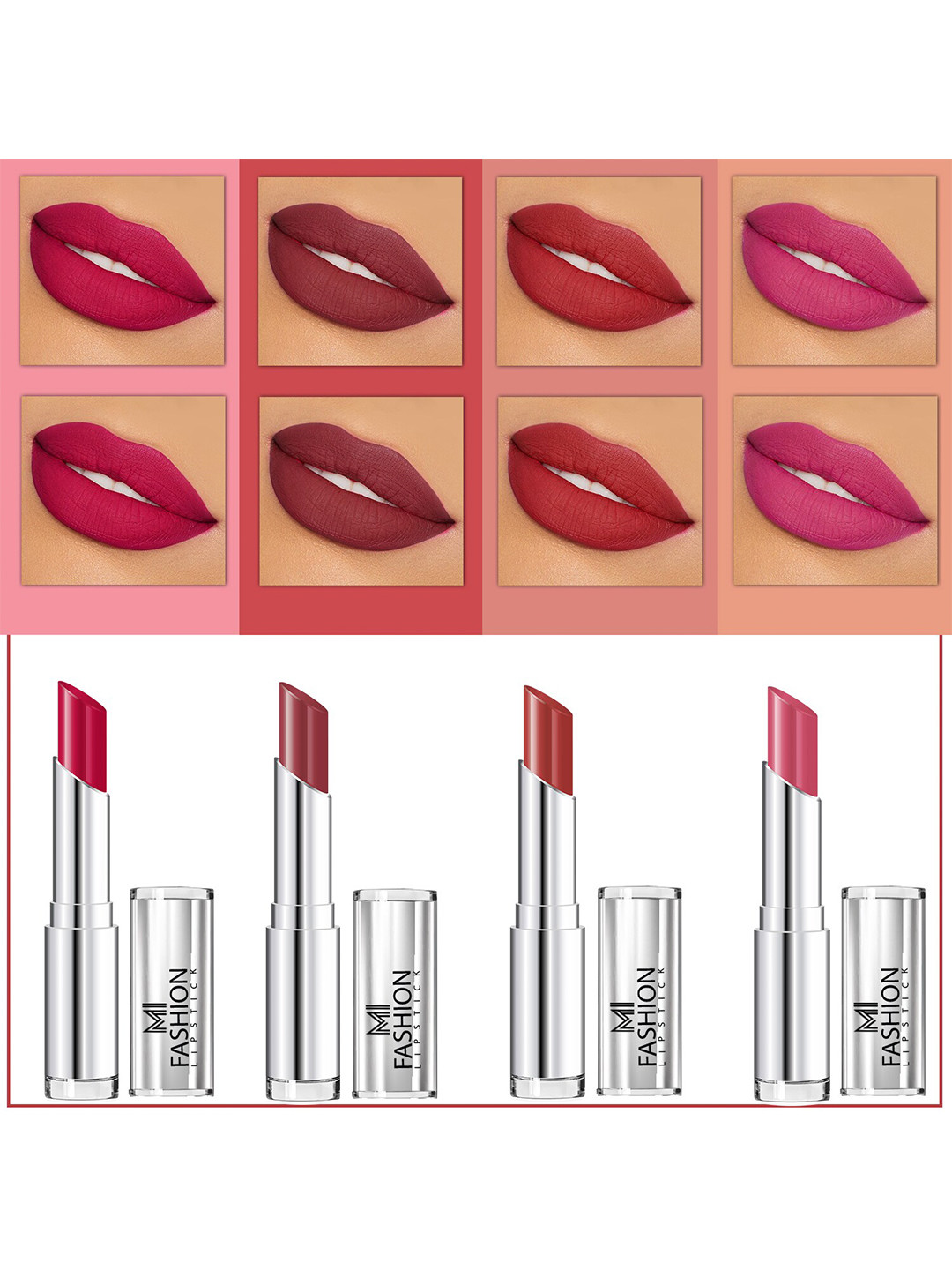 MI FASHION Set Of 4 Creme Matte Weightless Long-Lasting Lipstick 3.5g each - Pinkish Red + Brown + Brownish Red + Rose