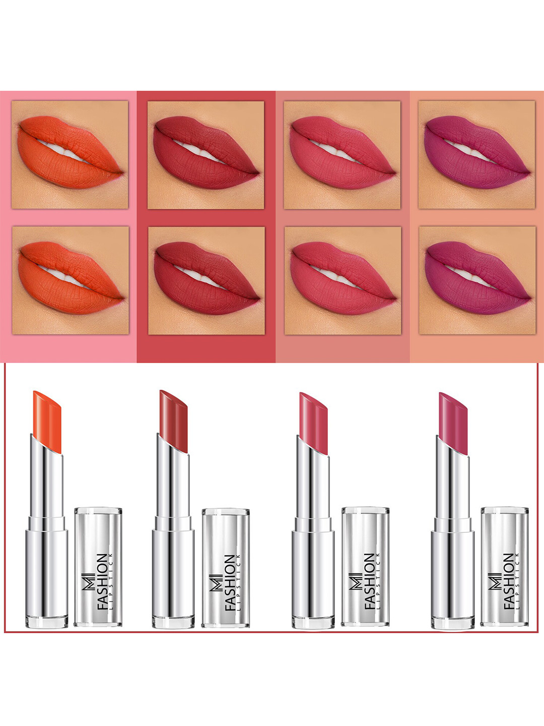 MI FASHION Set Of 4 Creme Matte Weightless Long-Lasting Lipstick 3.5g each - Orange + Brownish Red + Rose + Purple Peach