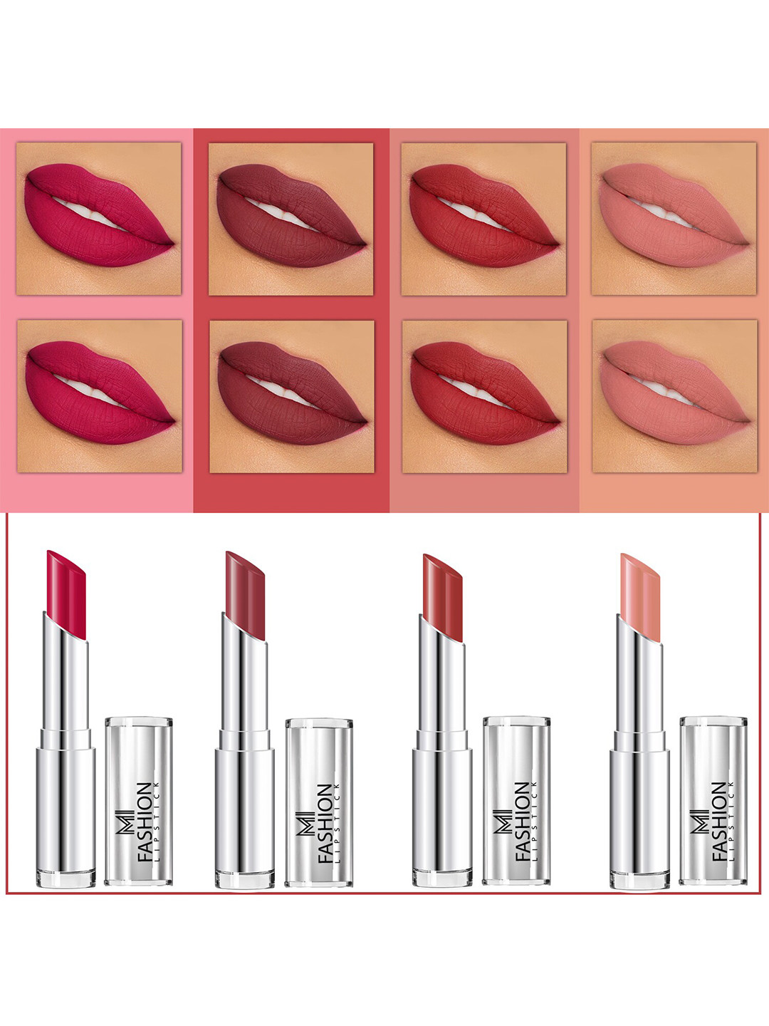MI FASHION Set Of 4 Creme Matte Weightless Long-Lasting Lipstick 3.5g each - Pinkish Red + Brown + Brownish Red + Nude