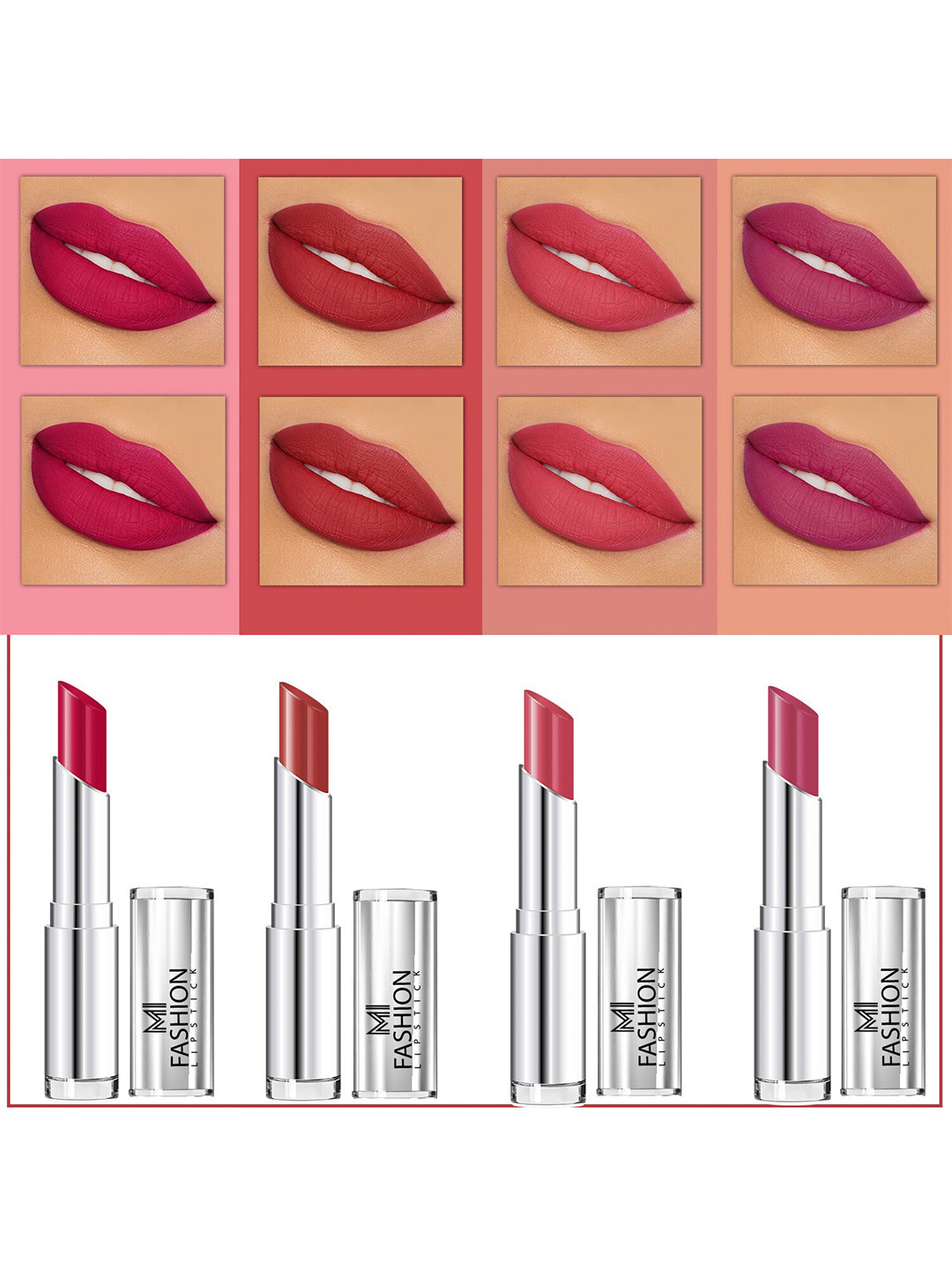 MI FASHION Set Of 4 Creme Matte Weightless Long-Lasting Lipstick 3.5g each - Pinkish Red + Brownish Red + Rose + Purple Peach