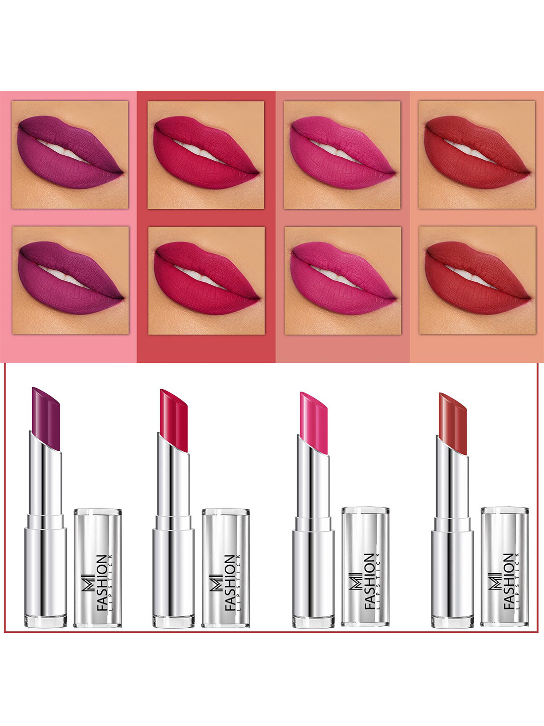 MI FASHION Set Of 4 Creme Matte Weightless Long-Lasting Lipstick 3.5g each - Purple + Pinkish Red + Pink + Brownish Red