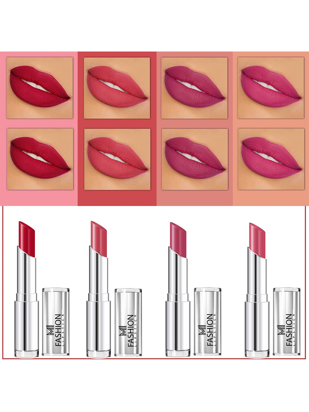 MI FASHION Set Of 4 Creme Matte Weightless Long-Lasting Lipstick 3.5g each - Purple + Rose + Purple Peach + Rose