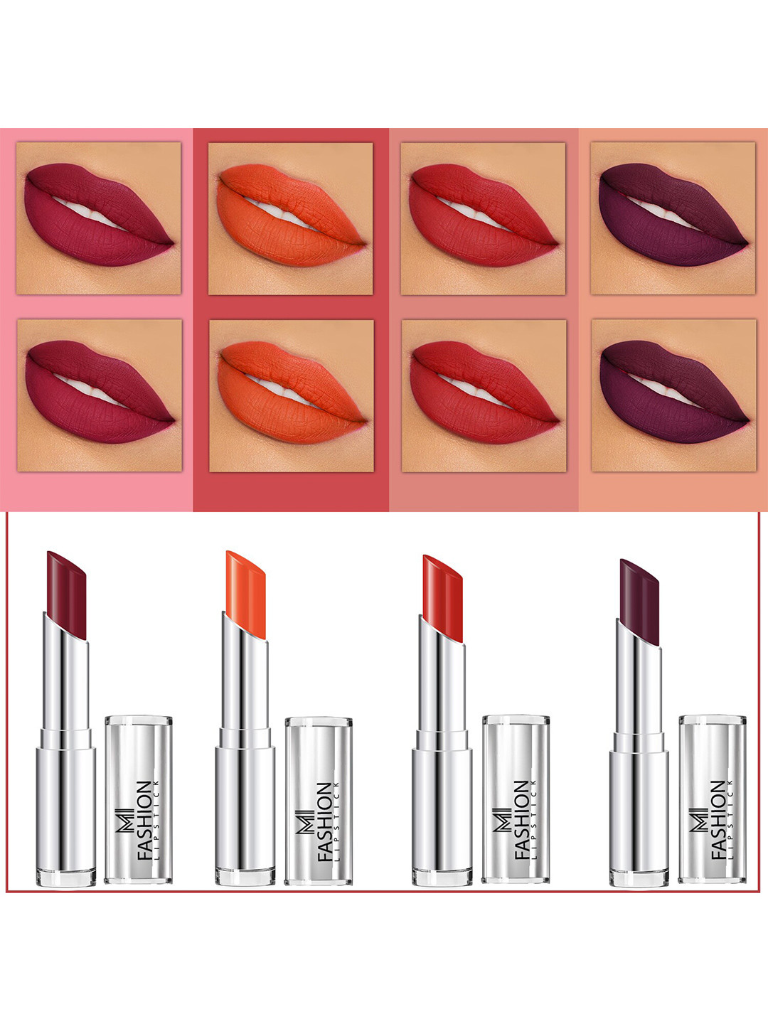 MI FASHION Set Of 4 Creme Matte Weightless Long-Lasting Lipstick 3.5g each - Cherrywood + Orange + Cornell Red + Wine Berry