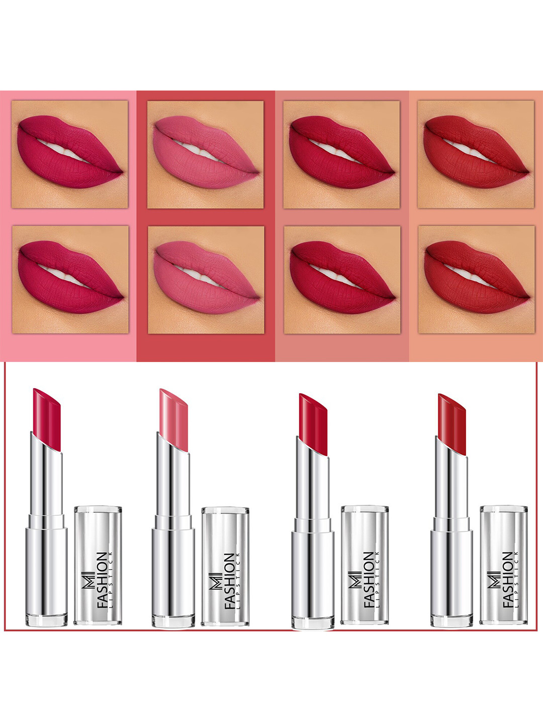 MI FASHION Set Of 4 Creme Matte Weightless Long-Lasting Lipstick 3.5g each - Pinkish Red + Purple Peach + Rose + Nude
