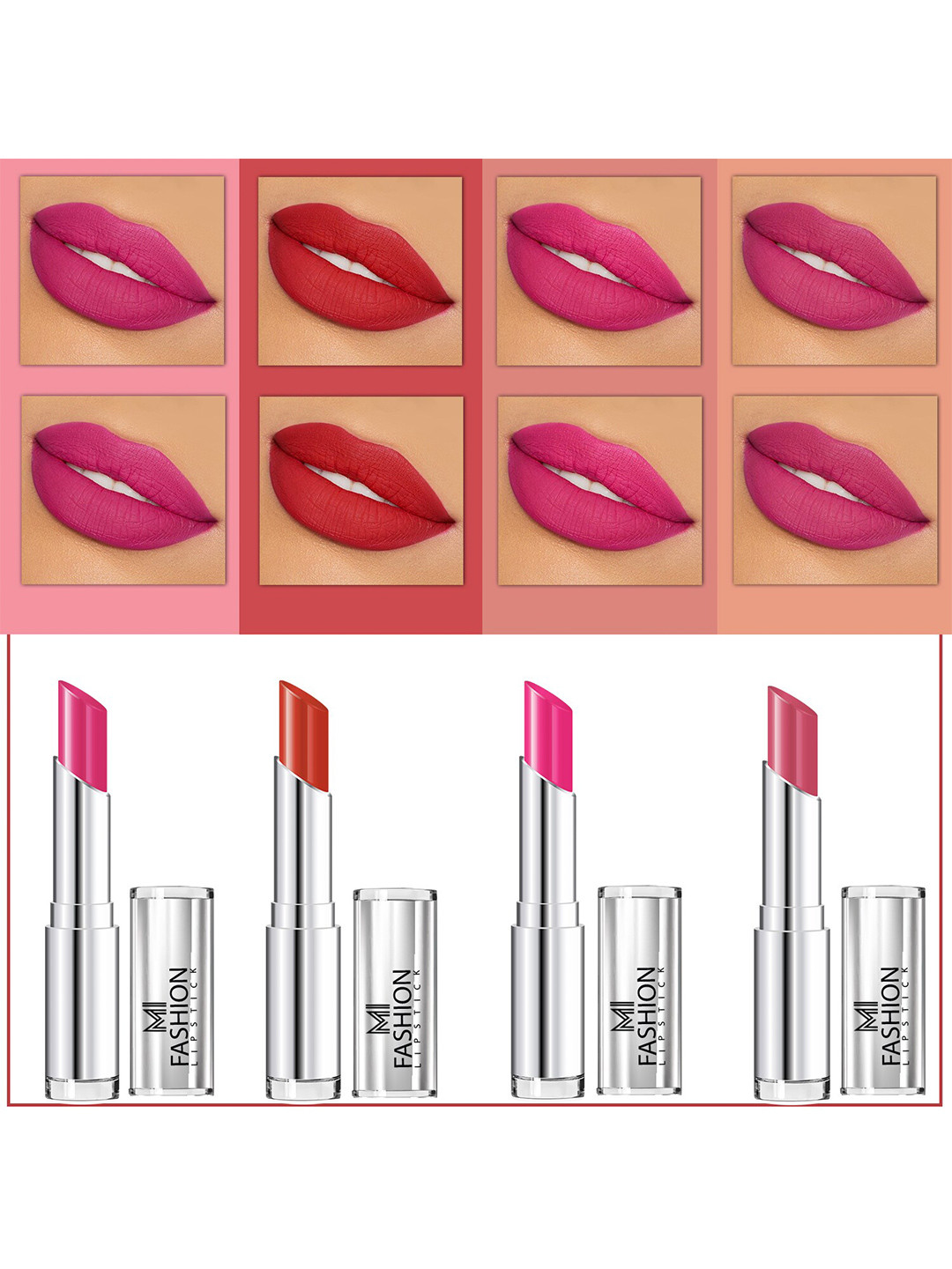 MI FASHION Set Of 4 Creme Matte Weightless Long-Lasting Lipstick 3.5g each - Rose Pink + Orange + Pink + Rose