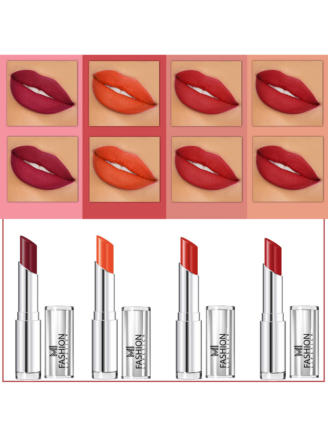 MI FASHION Set Of 4 Creme Matte Weightless Long-Lasting Lipstick 3.5g each - Cherrywood + Orange + Cornell Red + Purple