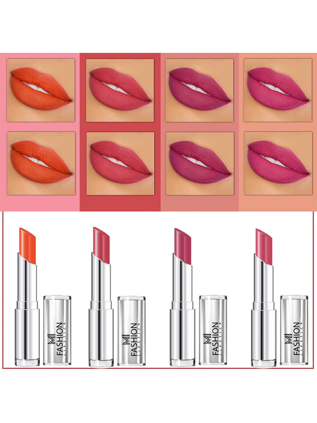 MI FASHION Set Of 4 Creme Matte Weightless Long-Lasting Lipstick 3.5g each - Orange + Rose + Purple Peach + Rose