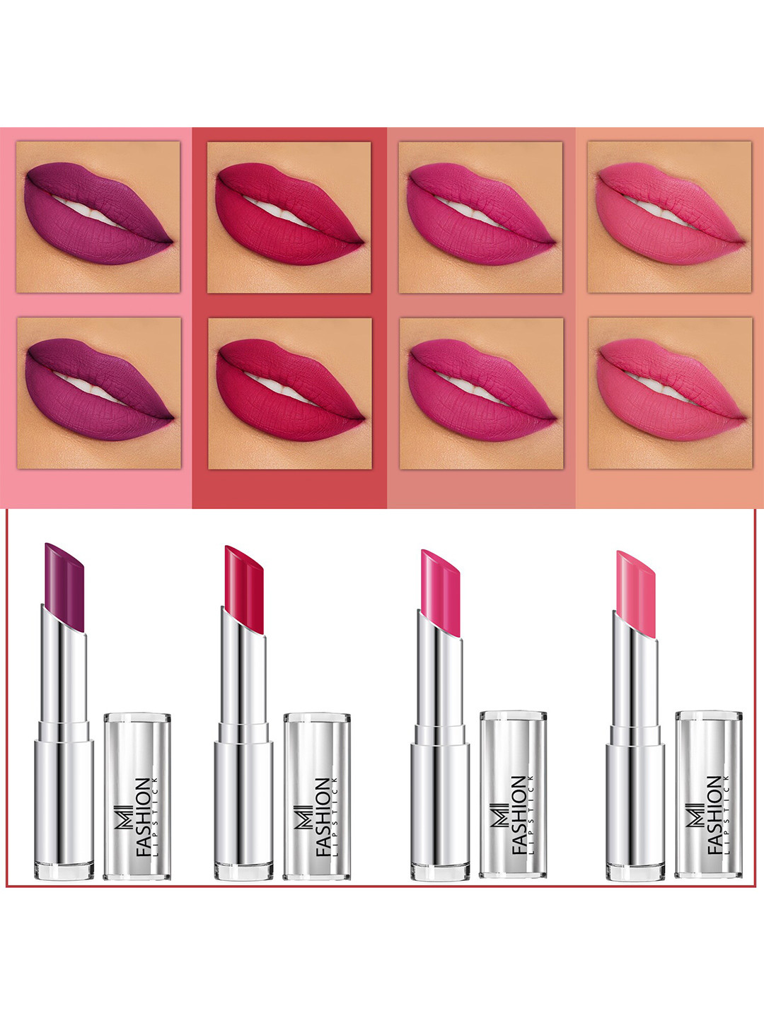 MI FASHION Set Of 4 Creme Matte Weightless Long-Lasting Lipstick 3.5g each - Purple + Pinkish Red + Pink + Carmine Pink