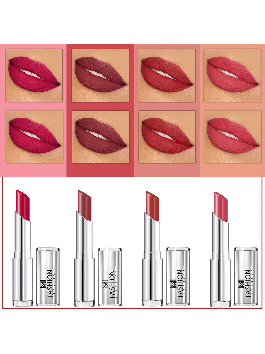 MI FASHION Set Of 4 Creme Matte Weightless Long-Lasting Lipstick 3.5g each - Pinkish Red + Brown + Brownish Red + Rose