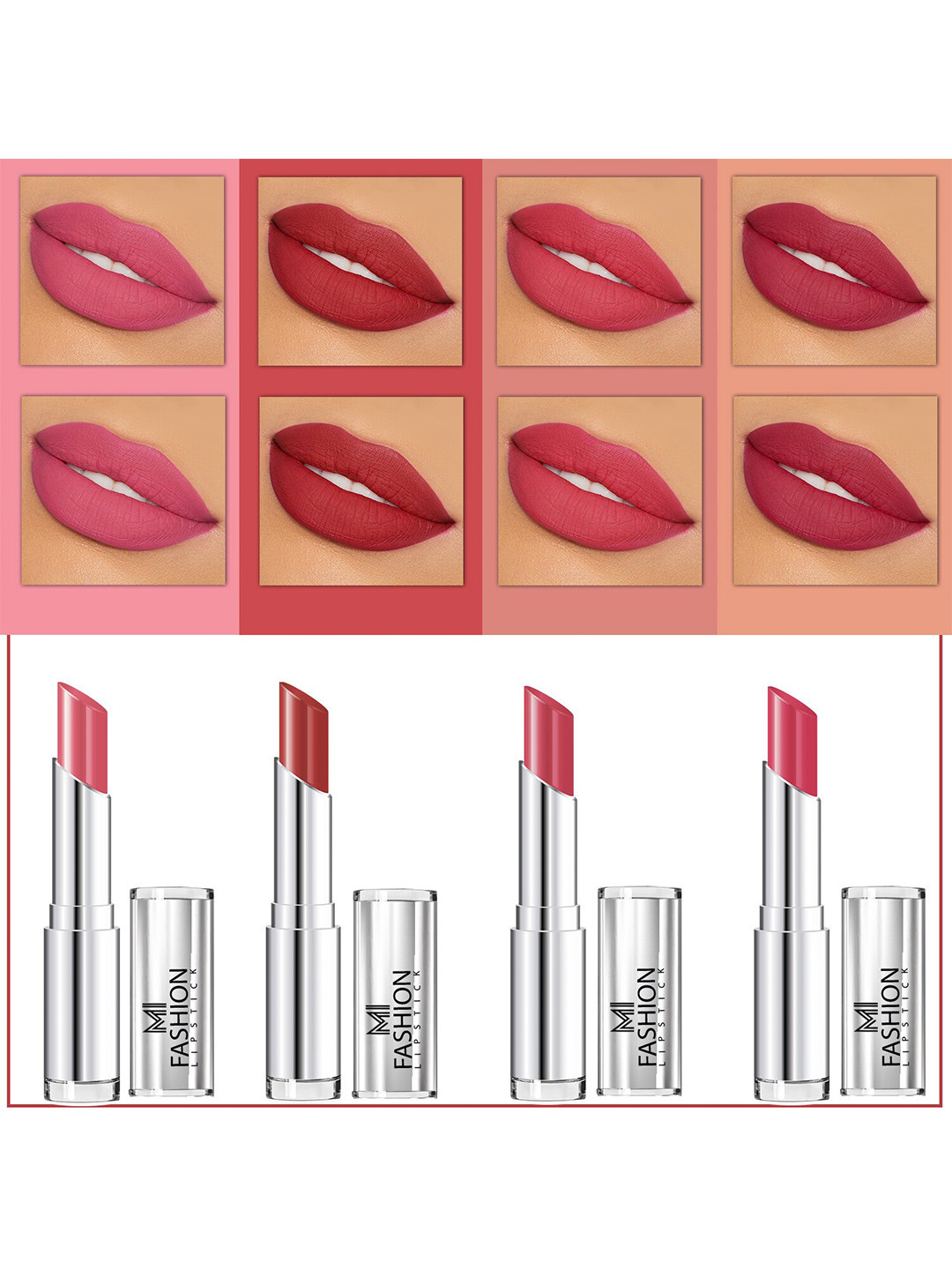 MI FASHION Set Of 4 Creme Matte Weightless Long-Lasting Lipstick 3.5g each - Peach + Brownish Red + RoseWine Pink
