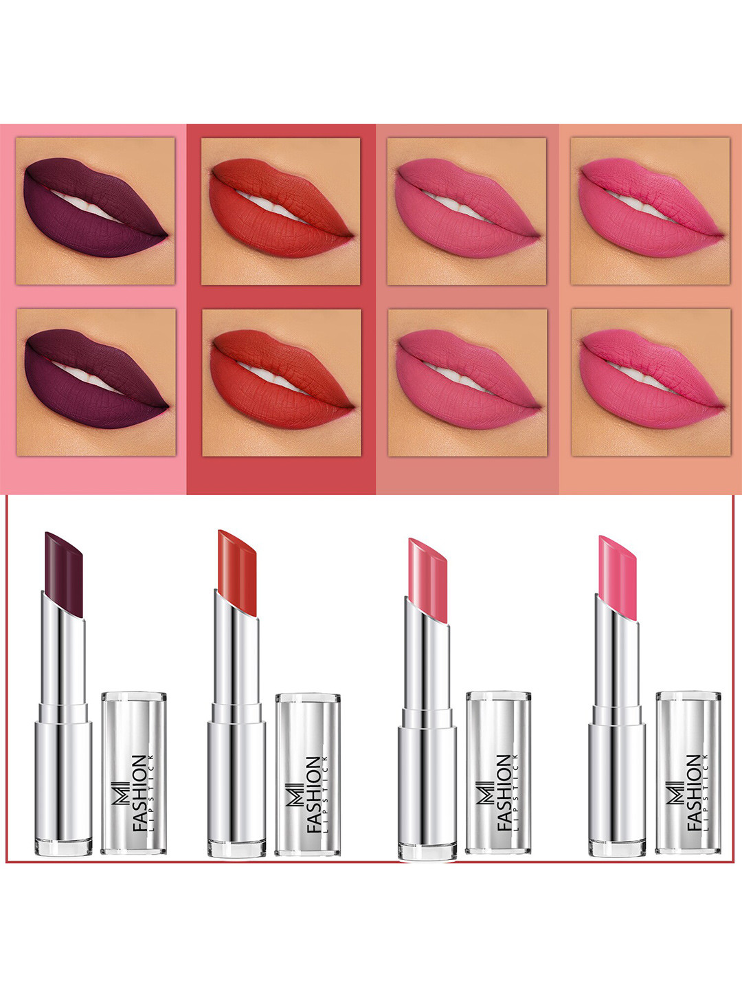 MI FASHION Set Of 4 Creme Matte Weightless Long-Lasting Lipstick 3.5g each - Wine Berry + Roof Terracotta + Peach + Carmine Pink