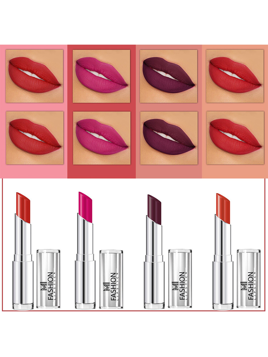 MI FASHION Set Of 4 Creme Matte Weightless Long-Lasting Lipstick 3.5g each - Cornell Red + Magenta + Wine Berry + Orange