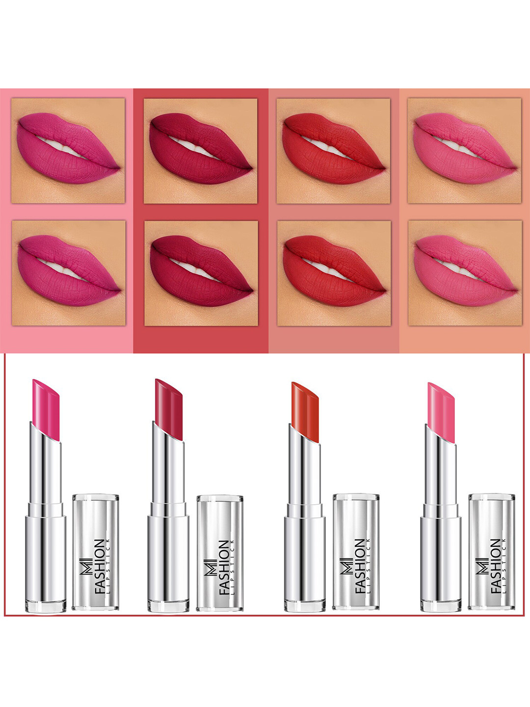 MI FASHION Set Of 4 Creme Matte Weightless Long-Lasting Lipstick 3.5g each - Rose Pink + Burgundy + Orange + Carmine Pink