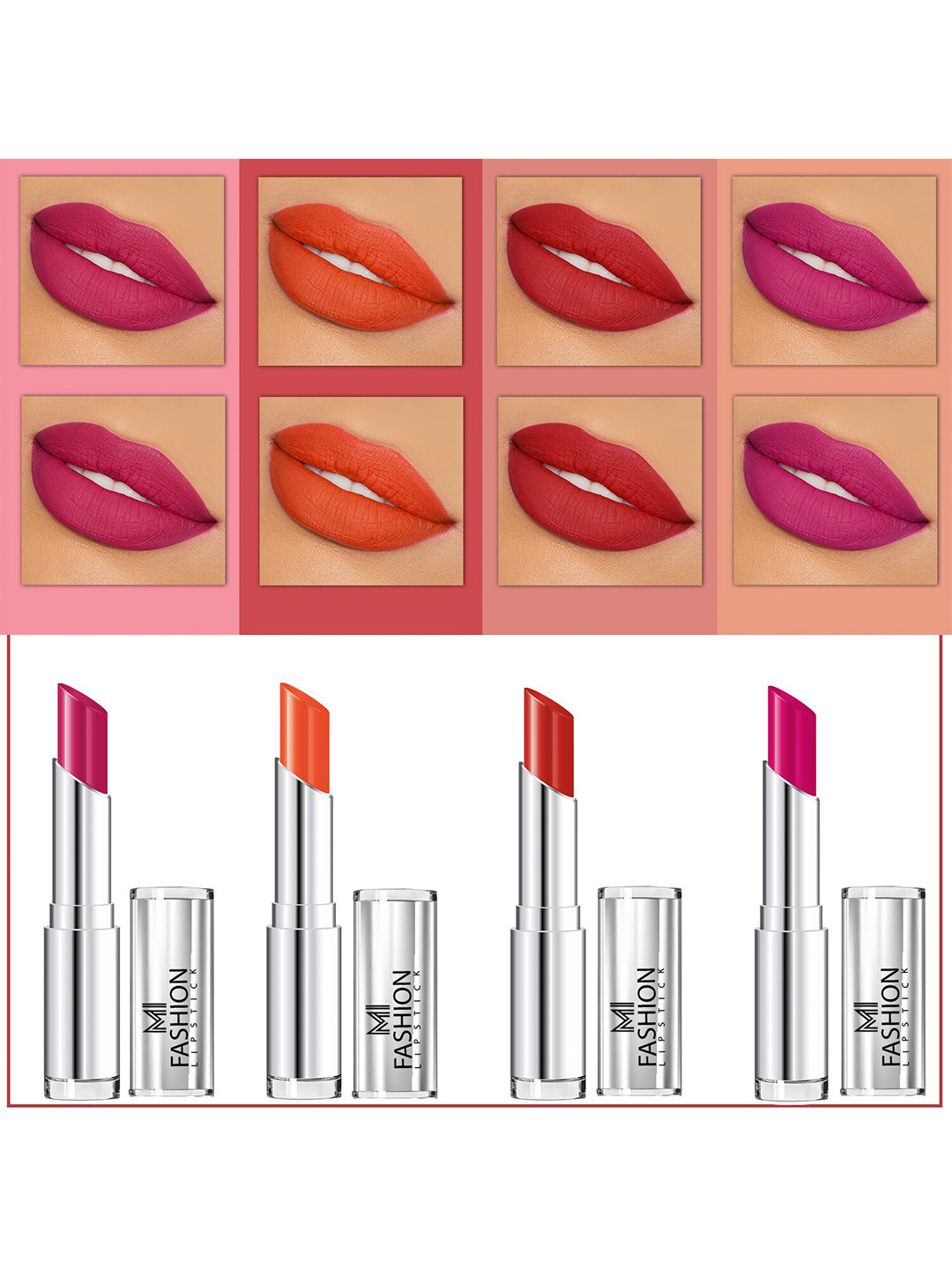 MI FASHION Set Of 4 Creme Matte Weightless Long-Lasting Lipstick 3.5g each - Pink + Orange + Cornell Red + Magenta