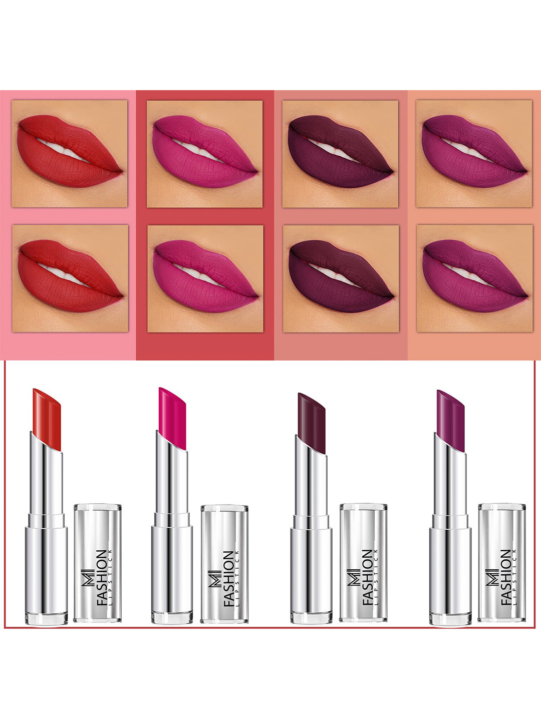 MI FASHION Set Of 4 Creme Matte Weightless Long-Lasting Lipstick 3.5g each - Cornell Red + Magenta + Wine Berry + Purple