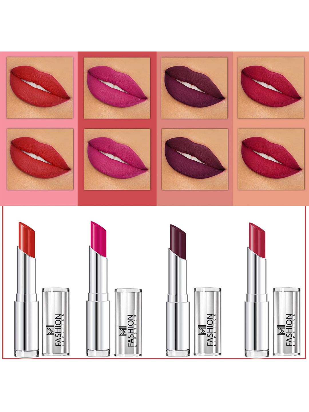 MI FASHION Set Of 4 Creme Matte Weightless Long-Lasting Lipstick 3.5g each - Cornell Red + Magenta + Wine Berry + Burgundy