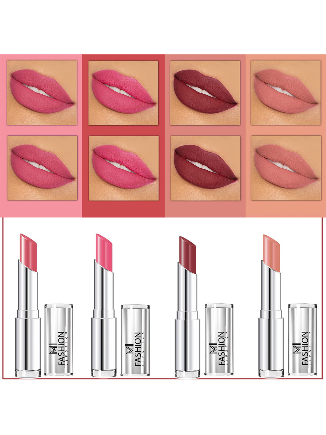 MI FASHION Set Of 4 Creme Matte Weightless Long-Lasting Lipstick 3.5g each - Peach + Light Carmine Pink + Brown + Nude