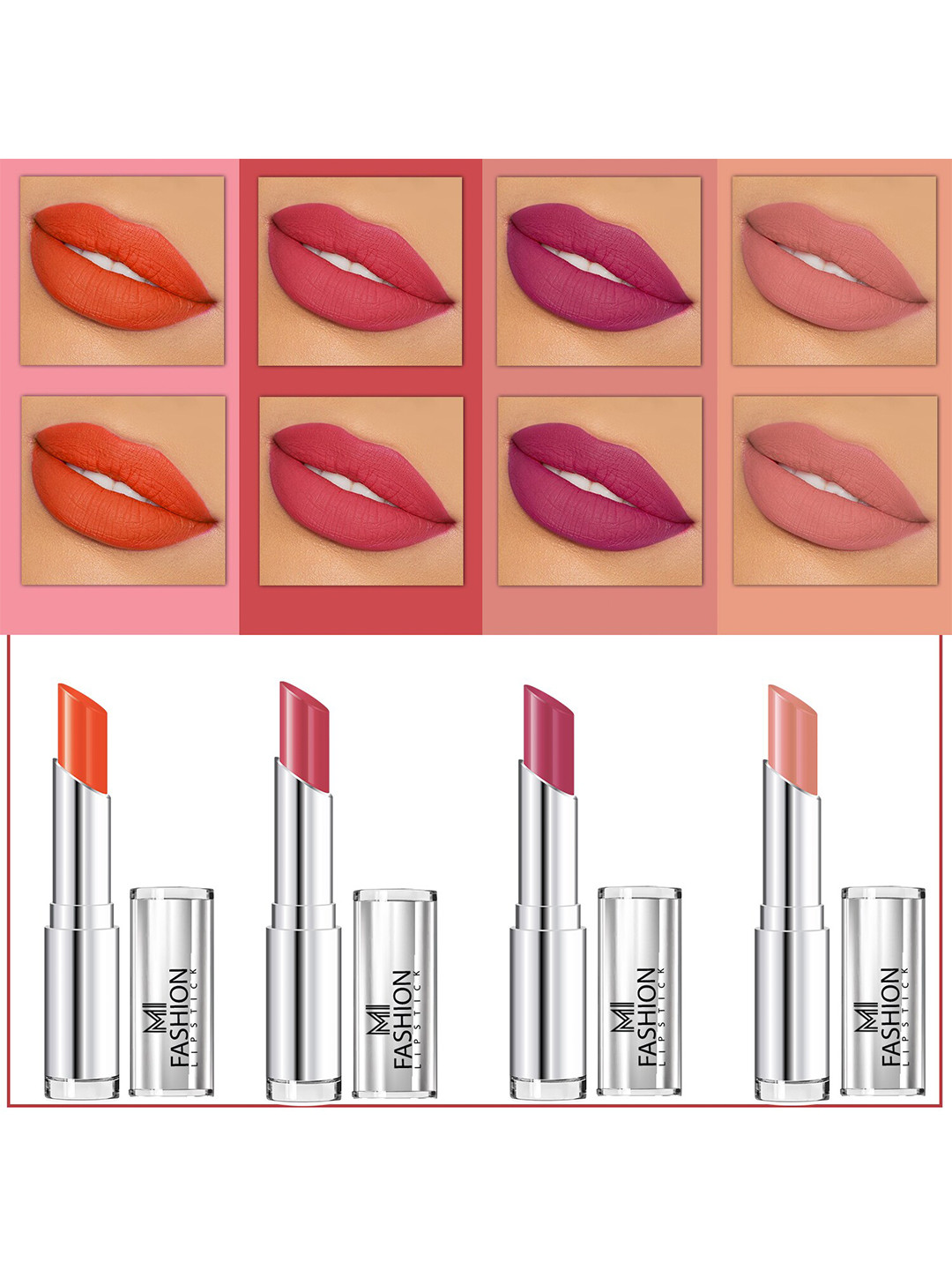 MI FASHION Set Of 4 Creme Matte Weightless Long-Lasting Lipstick 3.5g each - Orange + Rose + Purple Peach + Nude