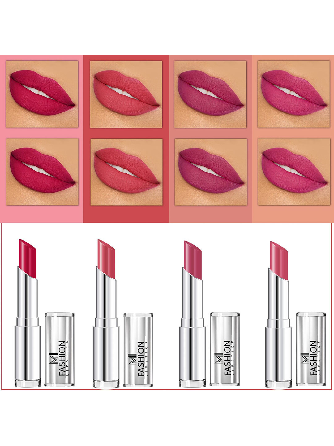 MI FASHION Set Of 4 Creme Matte Weightless Long-Lasting Lipstick 3.5g each - Pinkish Red + Rose + Purple Peach + Rose