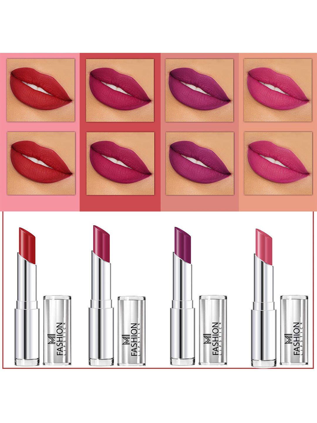 MI FASHION Set Of 4 Creme Matte Weightless Long-Lasting Lipstick 3.5g each - Purple + Pinkish Red + Rose Pink + Rose