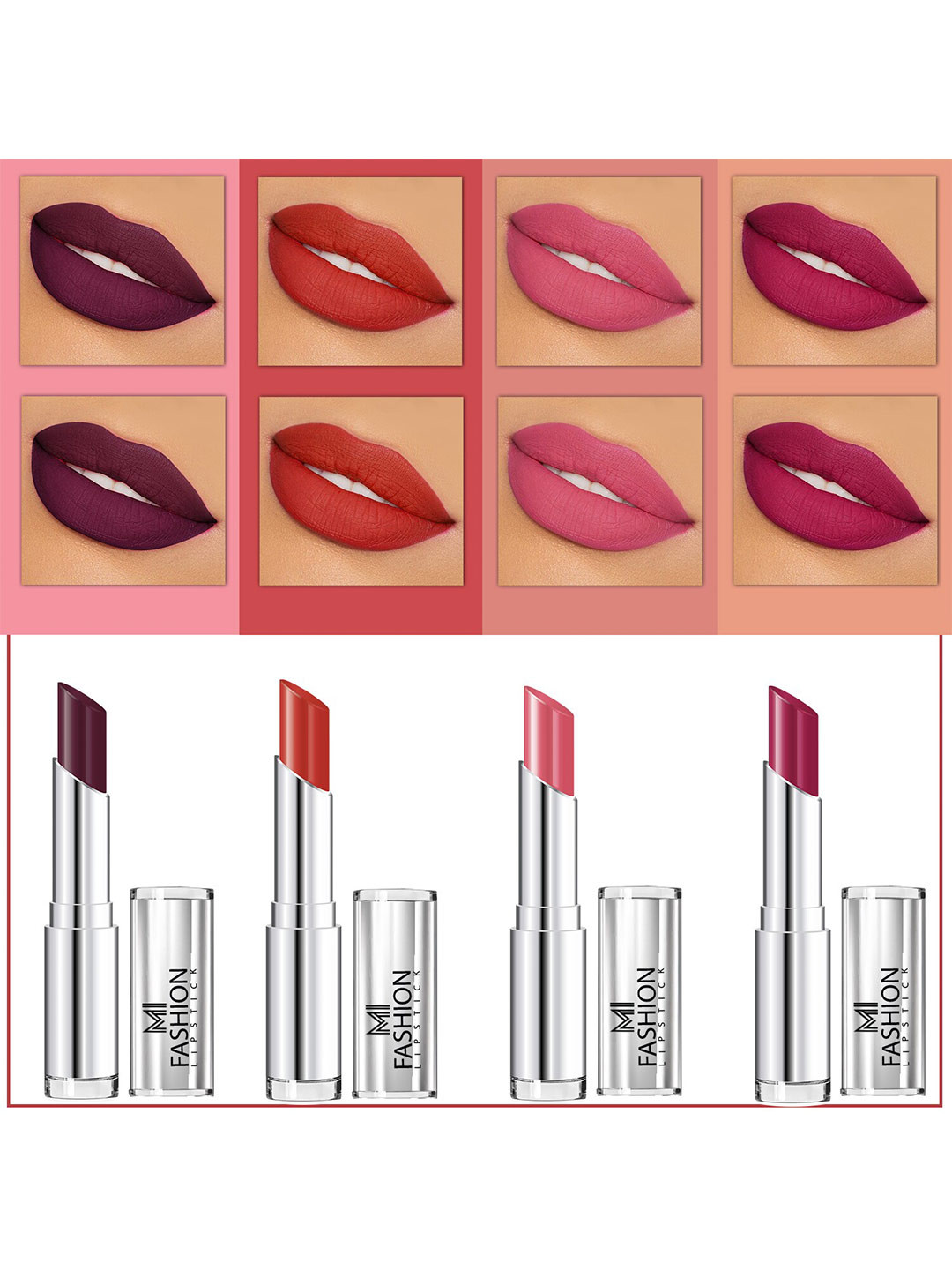MI FASHION Set Of 4 Matte Long Lasting Lipstick 14gm Wine Berry-06, Roof Terracotta-07, Peach-08, Purple-11