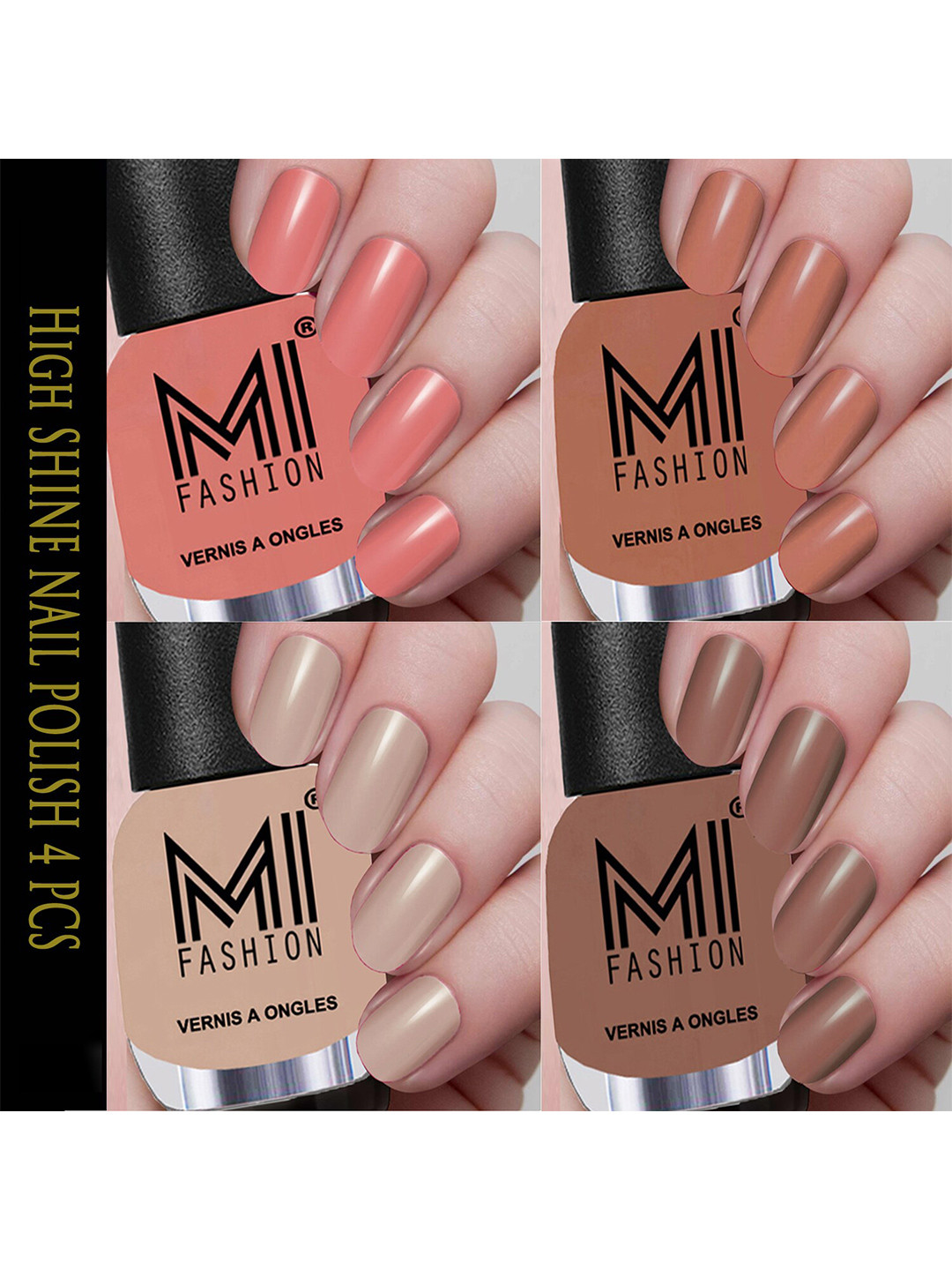 MI FASHION Set Of 4 Vernis A Ongles Ultra High Glass HD 3D Shine Nail Polish -  Wood Nude, Nude, Cotton Candy and Light Nude