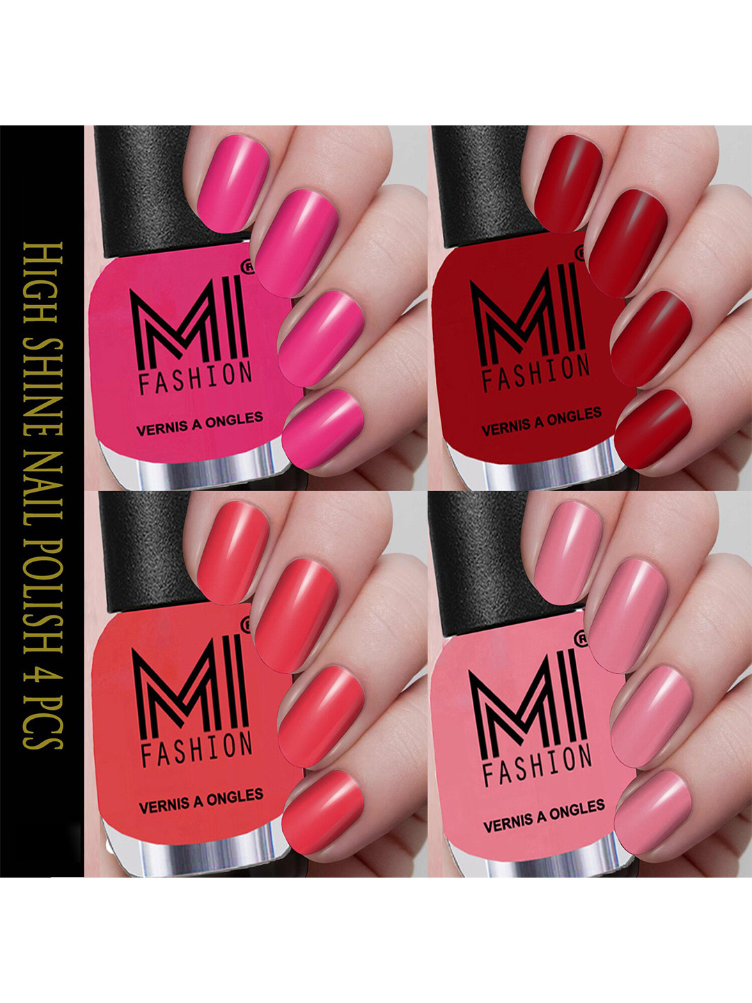 MI FASHION Set Of 4 Vernis A Ongles Ultra High Glass HD 3D Shine Nail Polish - Pink, Red, Pastel Pink and Light Pink