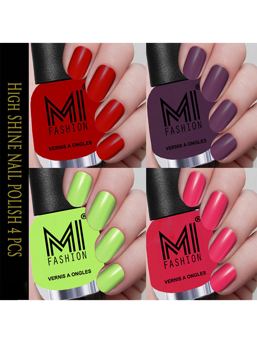 MI FASHION Set Of 4 Vernis A Ongles Ultra High Glass HD 3D Shine Nail Polish - Red Orange, Purple, Lemon Green, Carrot Red