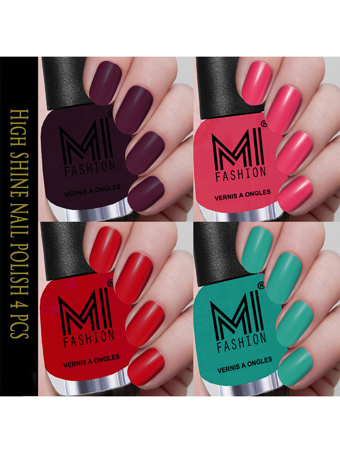MI FASHION Set Of 4 Vernis A Ongles Ultra High Glass HD 3D Shine Nail Polish - Maroon Wine, Neon Pink, Red, Sea Green