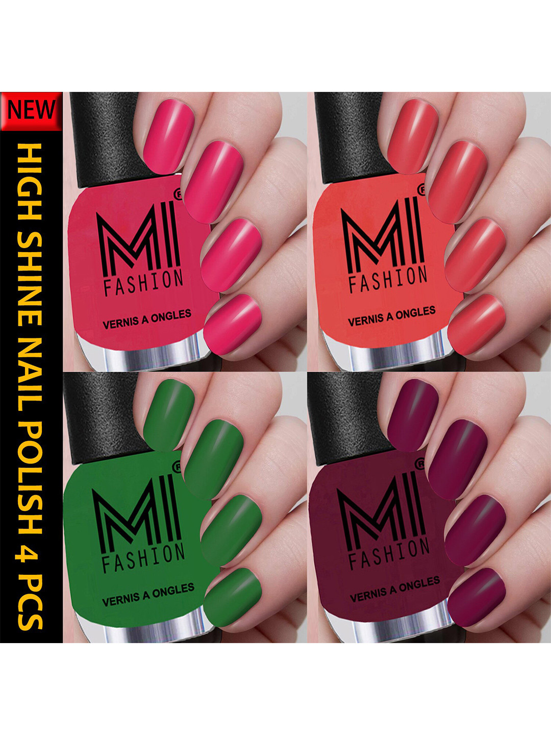 MI FASHION Set Of 4 Vernis A Ongles Ultra High Glass HD 3D Shine Nail Polish - Magenta, Coral Crush, Green, Wine