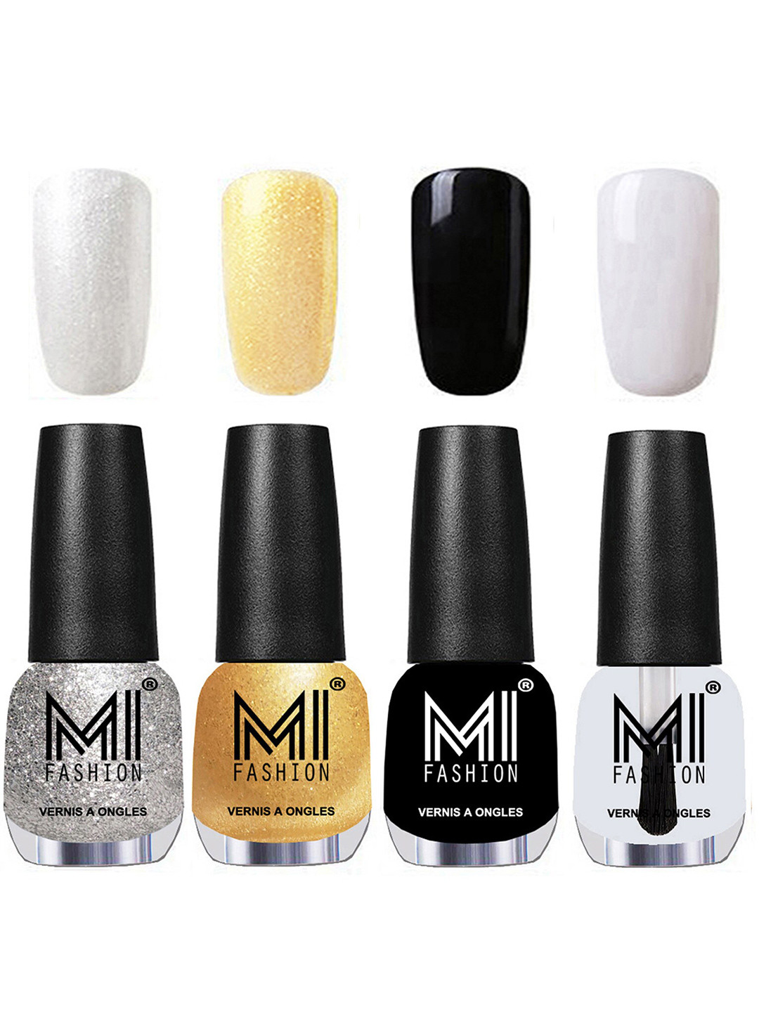 MI FASHION Set Of 4 Vernis A Ongles Ultra High Glass HD 3D Shine Nail Polish - Metallic Silver, Metallic Golden, Jet Black, Top Coat