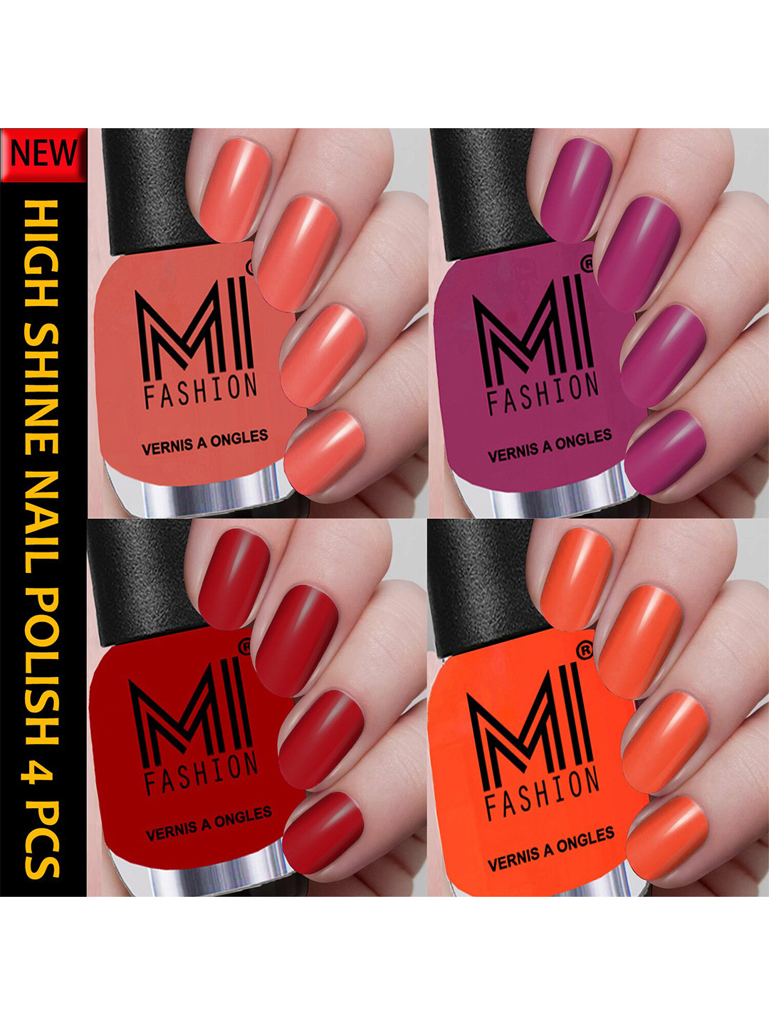 MI FASHION Set Of 4 Vernis A Ongles Ultra High Glass HD 3D Shine Nail Polish - Peach, Plum, Red, Orange