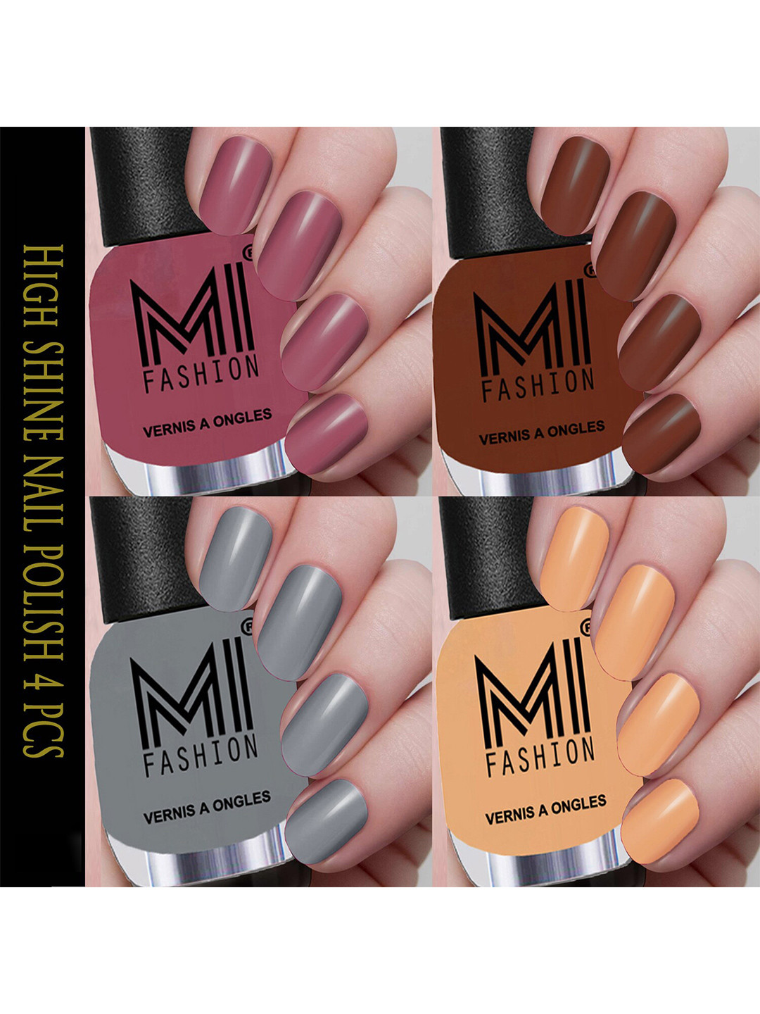MI FASHION Set Of 4 Vernis A Ongles Ultra High Glass HD 3D Shine Nail Polish - Smokey Mauve, Wood Brown, Grey, Creme Nude