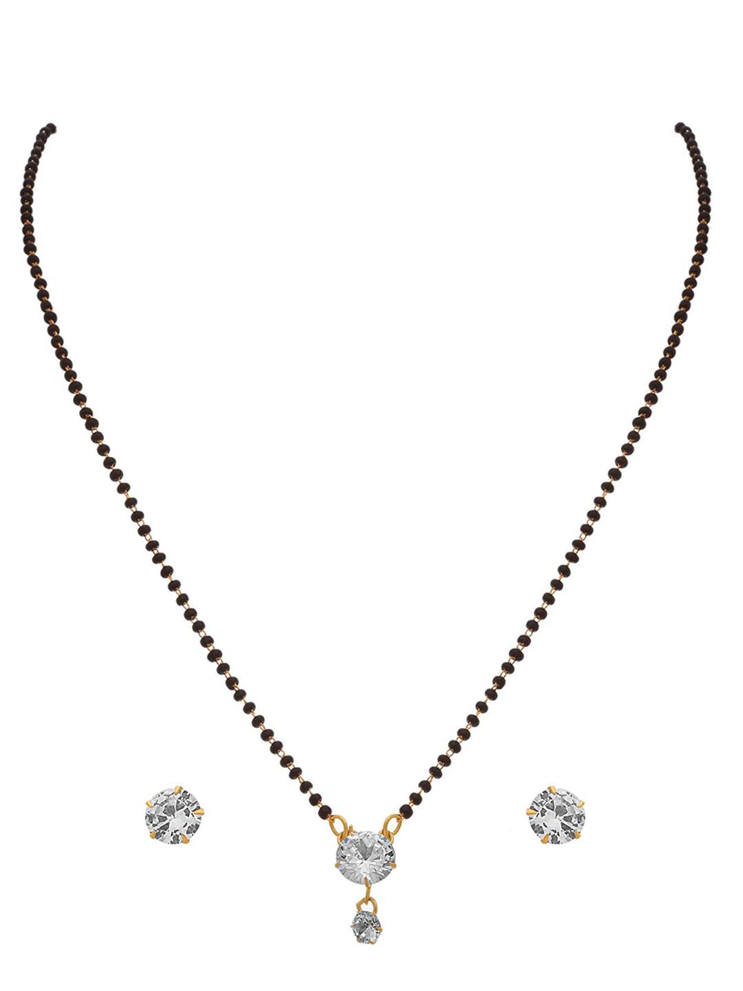 Jewar Mandi Women Black & White AD Studded & Beaded Gold-Plated Mangalsutra With Earrings