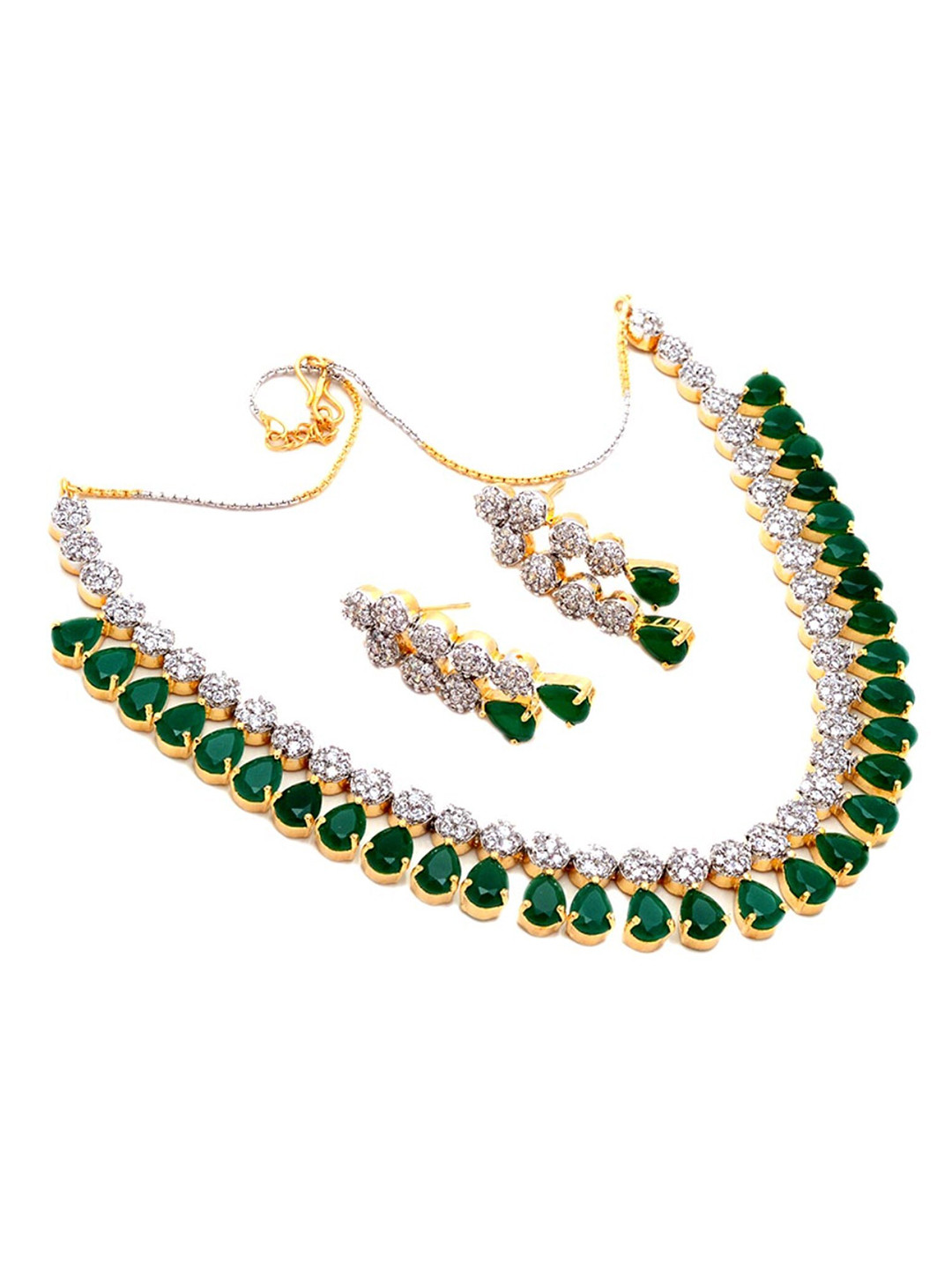 Jewar Mandi Green & White CZ Studded Gold-Plated Jewellery Set