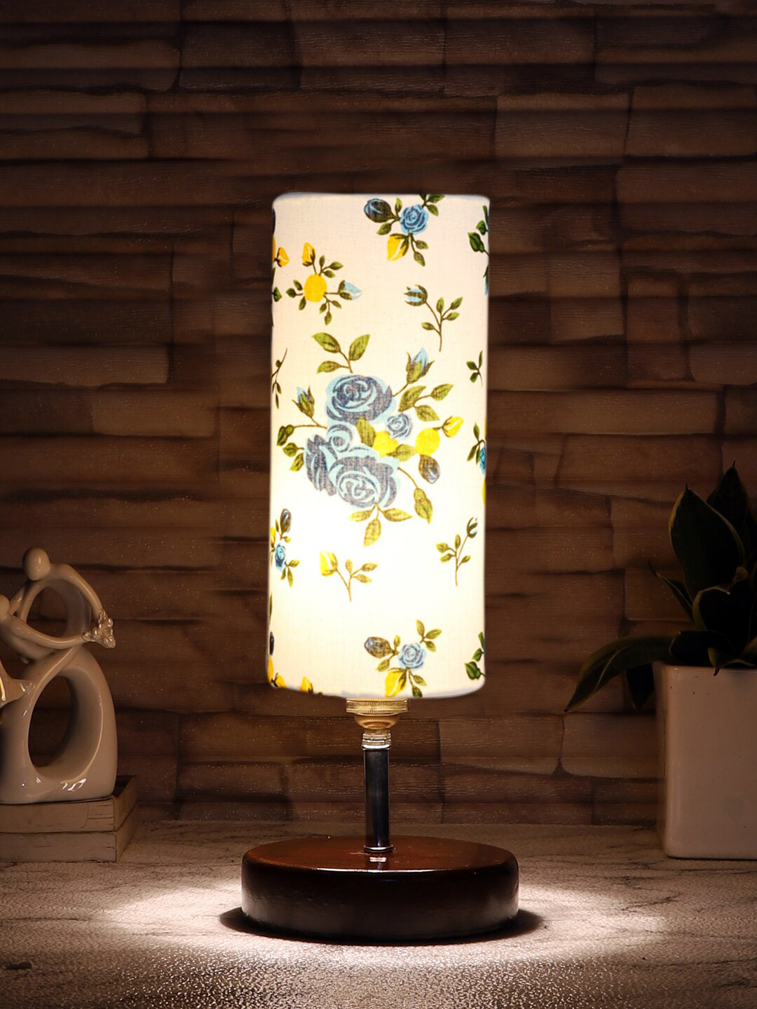 Devansh White & Brown Printed Table Lamp with Base
